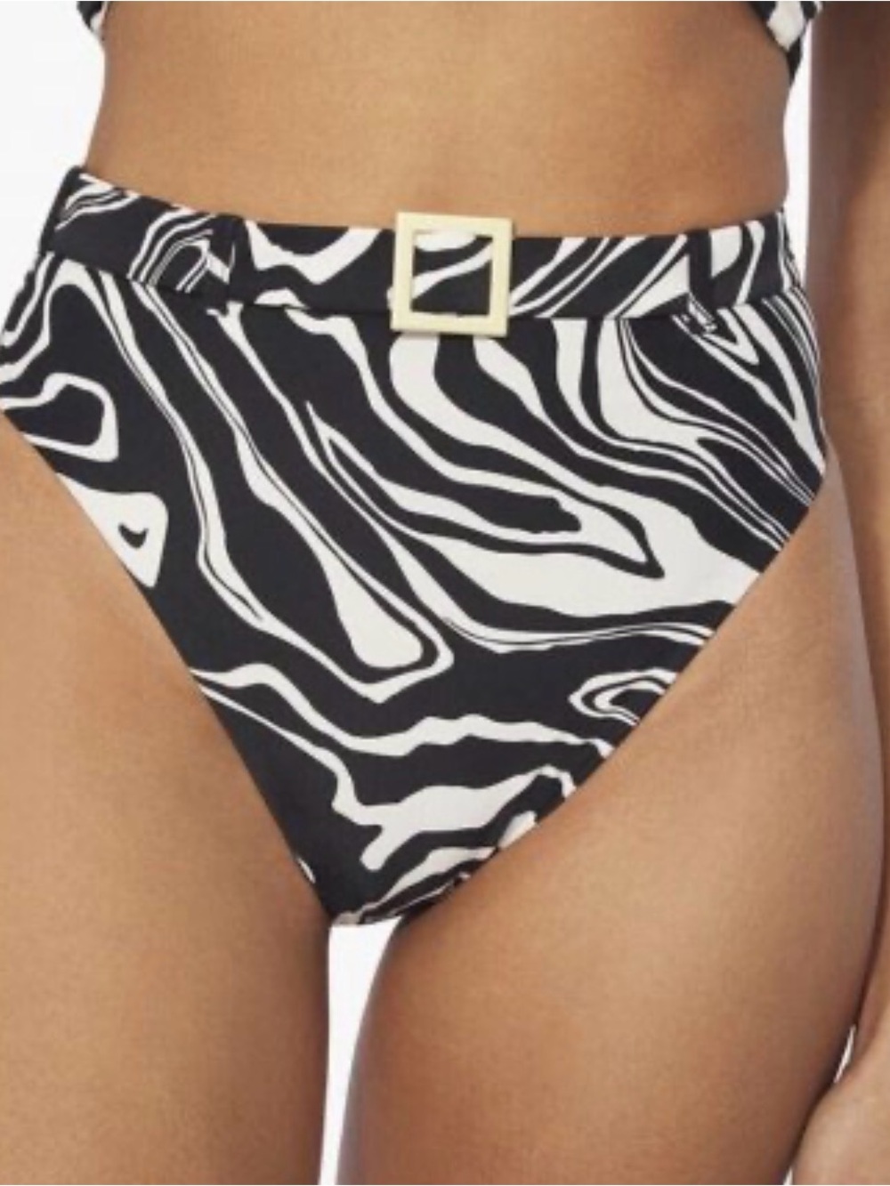 WeWoreWhat Black and White Zebra High-Rise Bikini Bottom with Gold Buckle